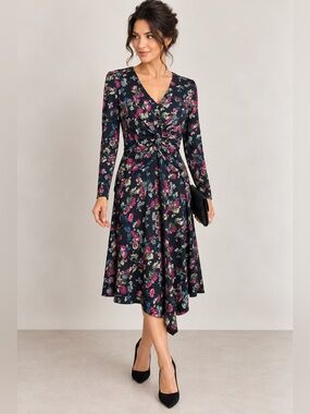 NWT Lauren Ralph Lauren Floral Faux Wrap Midi Dress Black Size 8